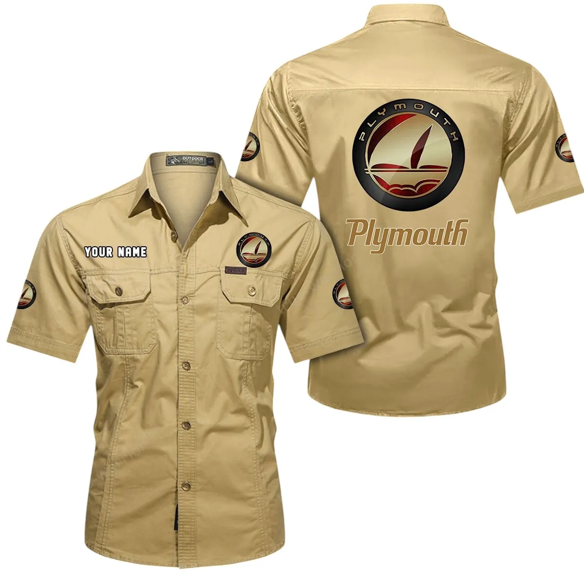 70s Muscle Legend Lovers Gift Short Sleeved Shirt, Button Up Shirt Exclusive Logo For Car Owners CAR444052625900 - Khaki