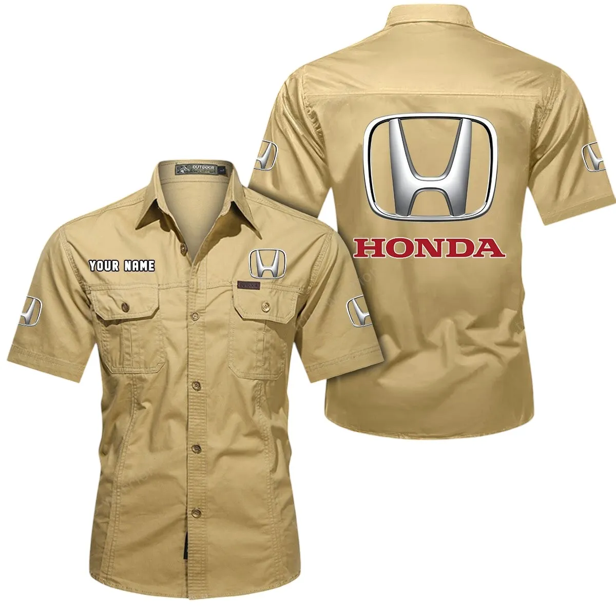 Auto Lovers Gift Short Sleeved Shirt, Button Up Shirt Exclusive Logo For Car Owners CAR444052625795 - Khaki