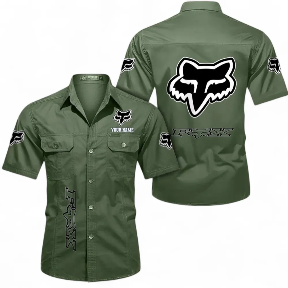 Auto Racing Short Sleeved Shirt, Button up Shirt Exclusive Logo For Car Owners, Custom Name CAR392072125820-Army Green