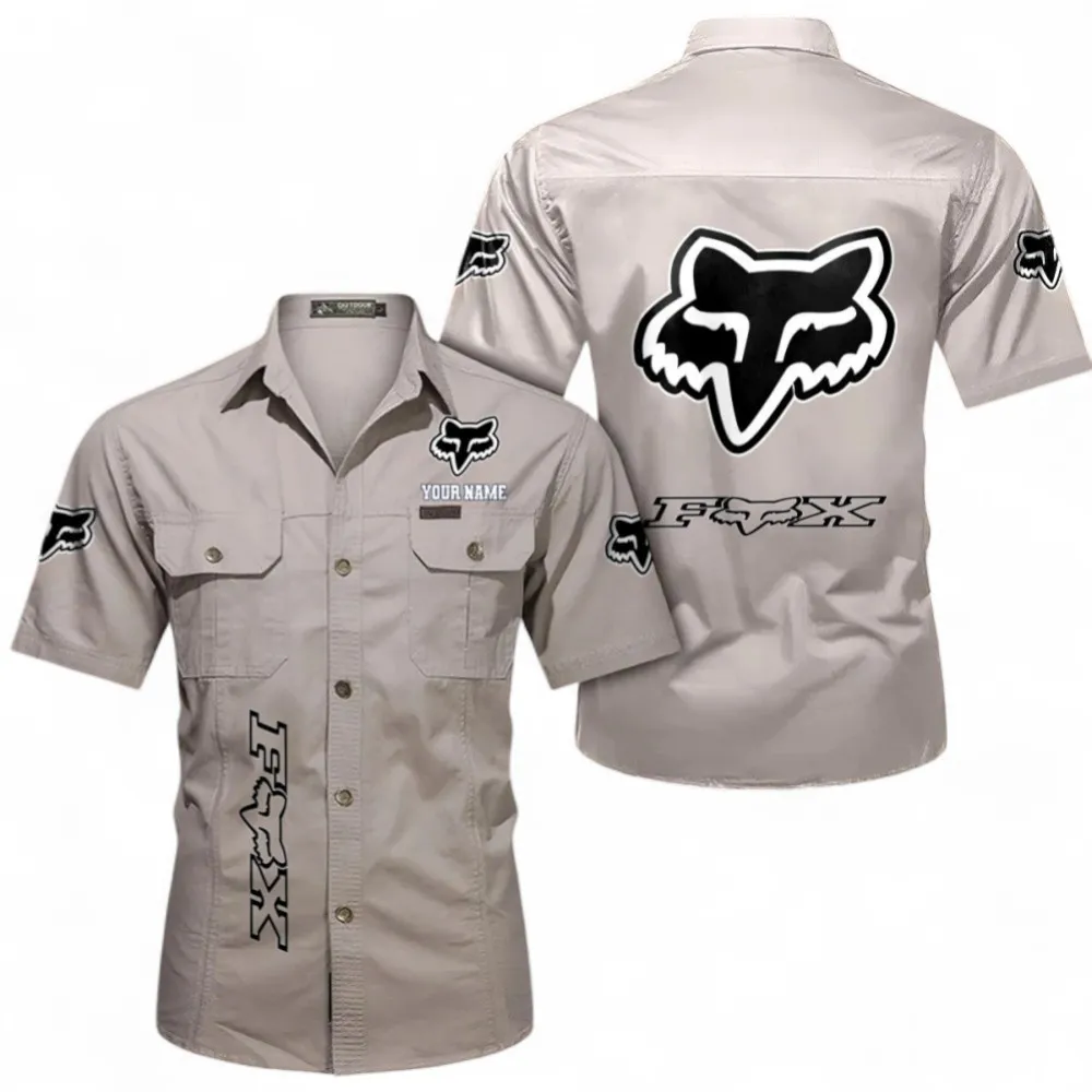Auto Racing Short Sleeved Shirt, Button up Shirt Exclusive Logo For Car Owners, Custom Name CAR392072125820-Beige