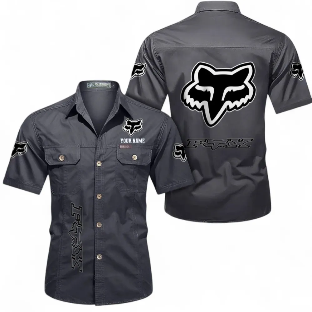 Auto Racing Short Sleeved Shirt, Button up Shirt Exclusive Logo For Car Owners, Custom Name CAR392072125820-Gray