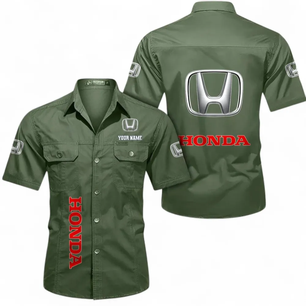 Auto Short Sleeved Shirt, Button up Shirt Exclusive Logo For Car Owners, Custom Name CAR392072125795-Army Green