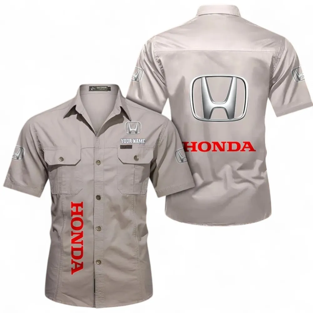 Auto Short Sleeved Shirt, Button up Shirt Exclusive Logo For Car Owners, Custom Name CAR392072125795-Beige
