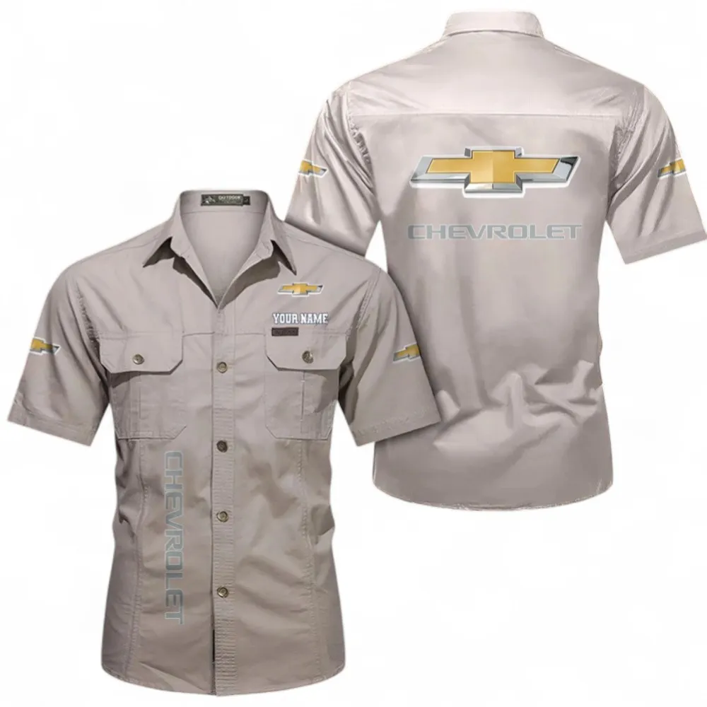Big Car Short Sleeved Shirt, Button up Shirt Exclusive Logo For Car Owners, Custom Name CAR392072125813-Beige
