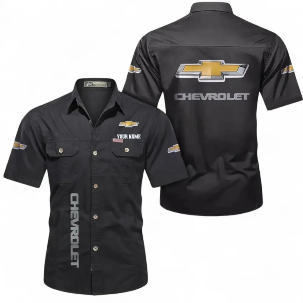 Big Car Short Sleeved Shirt, Button up Shirt Exclusive Logo For Car Owners, Custom Name CAR392072125813-Black