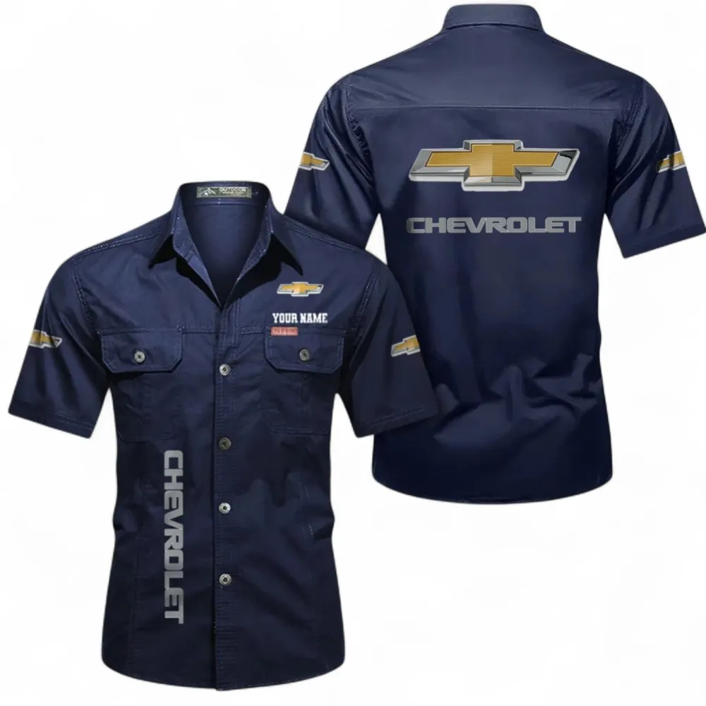 Big Car Short Sleeved Shirt, Button up Shirt Exclusive Logo For Car Owners, Custom Name CAR392072125813-Dark Blue