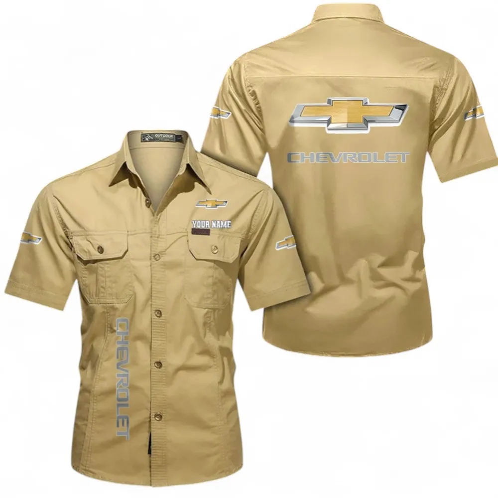 Big Car Short Sleeved Shirt, Button up Shirt Exclusive Logo For Car Owners, Custom Name CAR392072125813-Khaki
