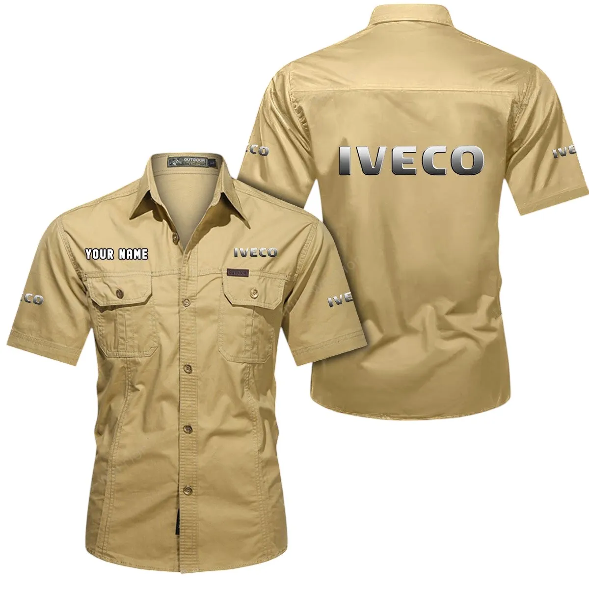 Bus Lovers Gift Short Sleeved Shirt, Button Up Shirt Exclusive Logo For Car Owners CAR444052625947 - Khaki