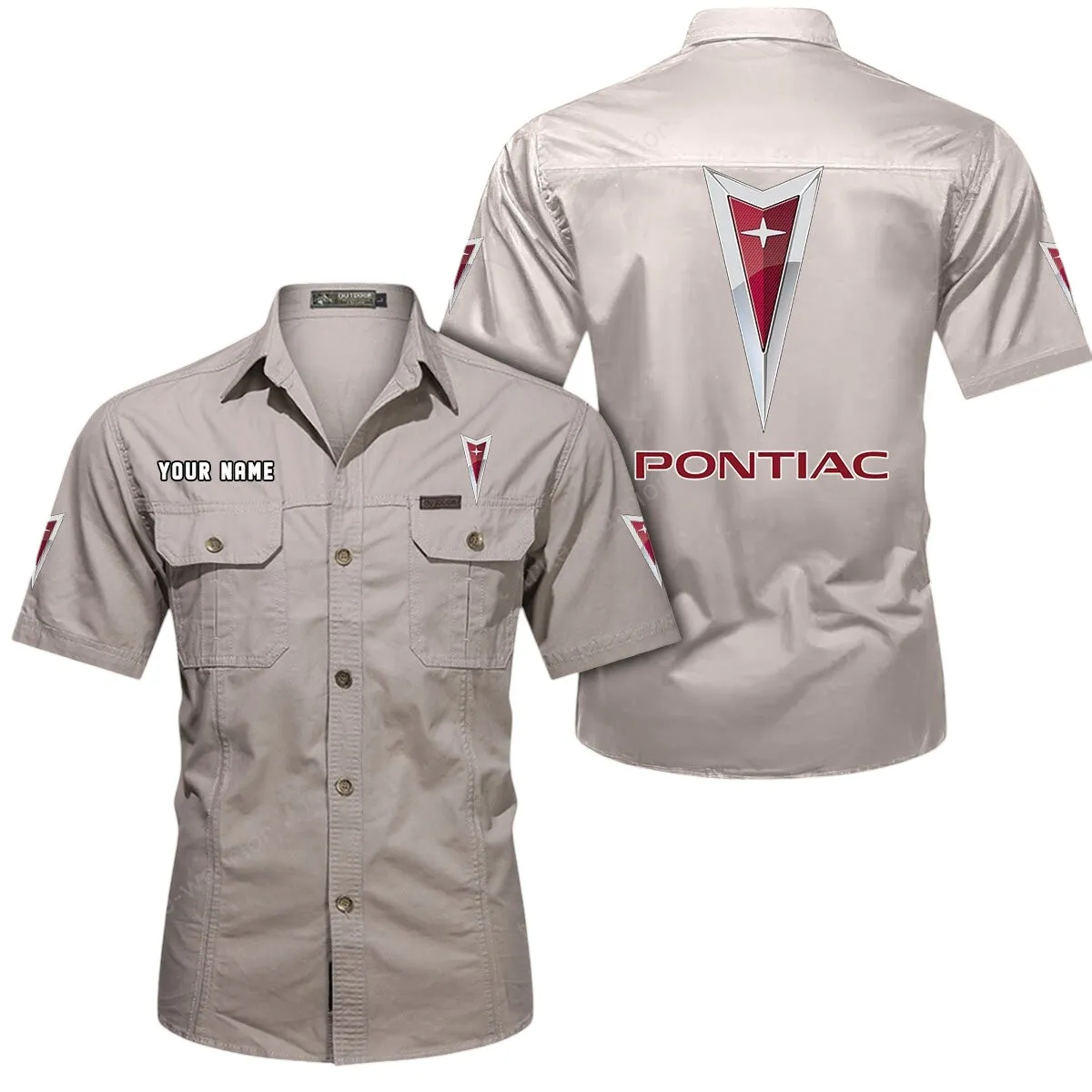 Car Lovers Gift Short Sleeved Shirt, Button Up Shirt Exclusive Logo For Car Owners CAR444052625809 - Beige