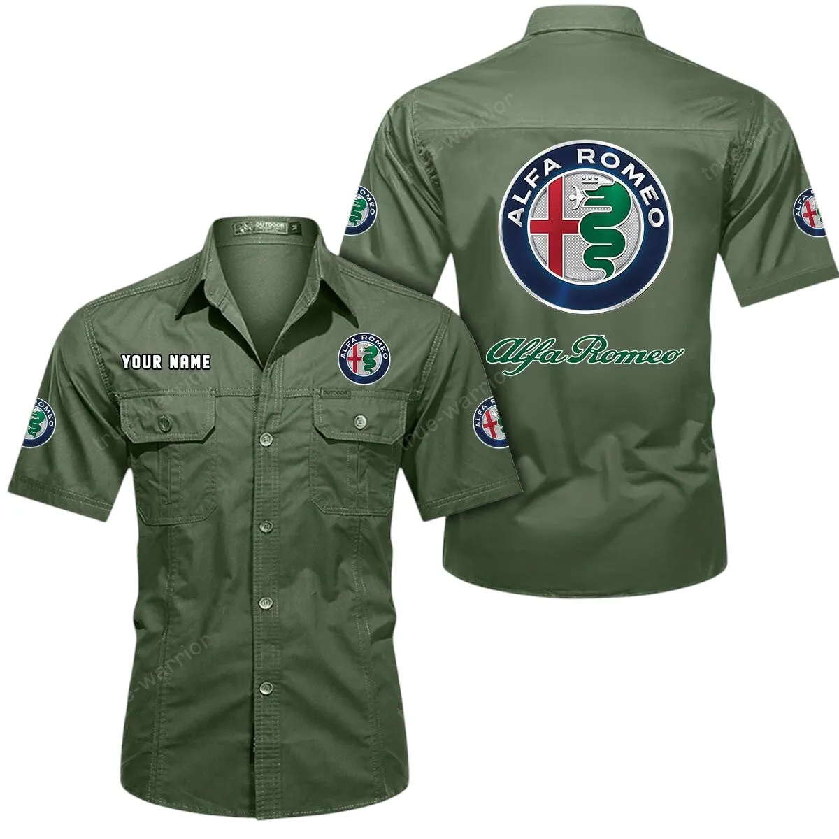Car Lovers Gift Short Sleeved Shirt, Button Up Shirt Exclusive Logo For Car Owners CAR444052625827 - Army Green