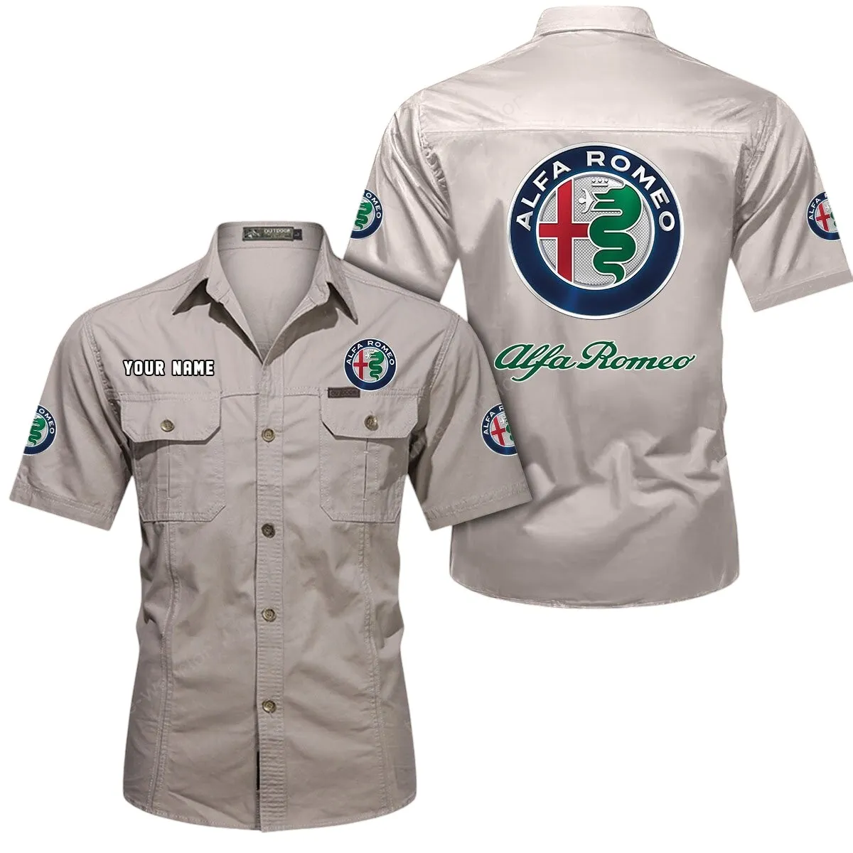 Car Lovers Gift Short Sleeved Shirt, Button Up Shirt Exclusive Logo For Car Owners CAR444052625827 - Beige