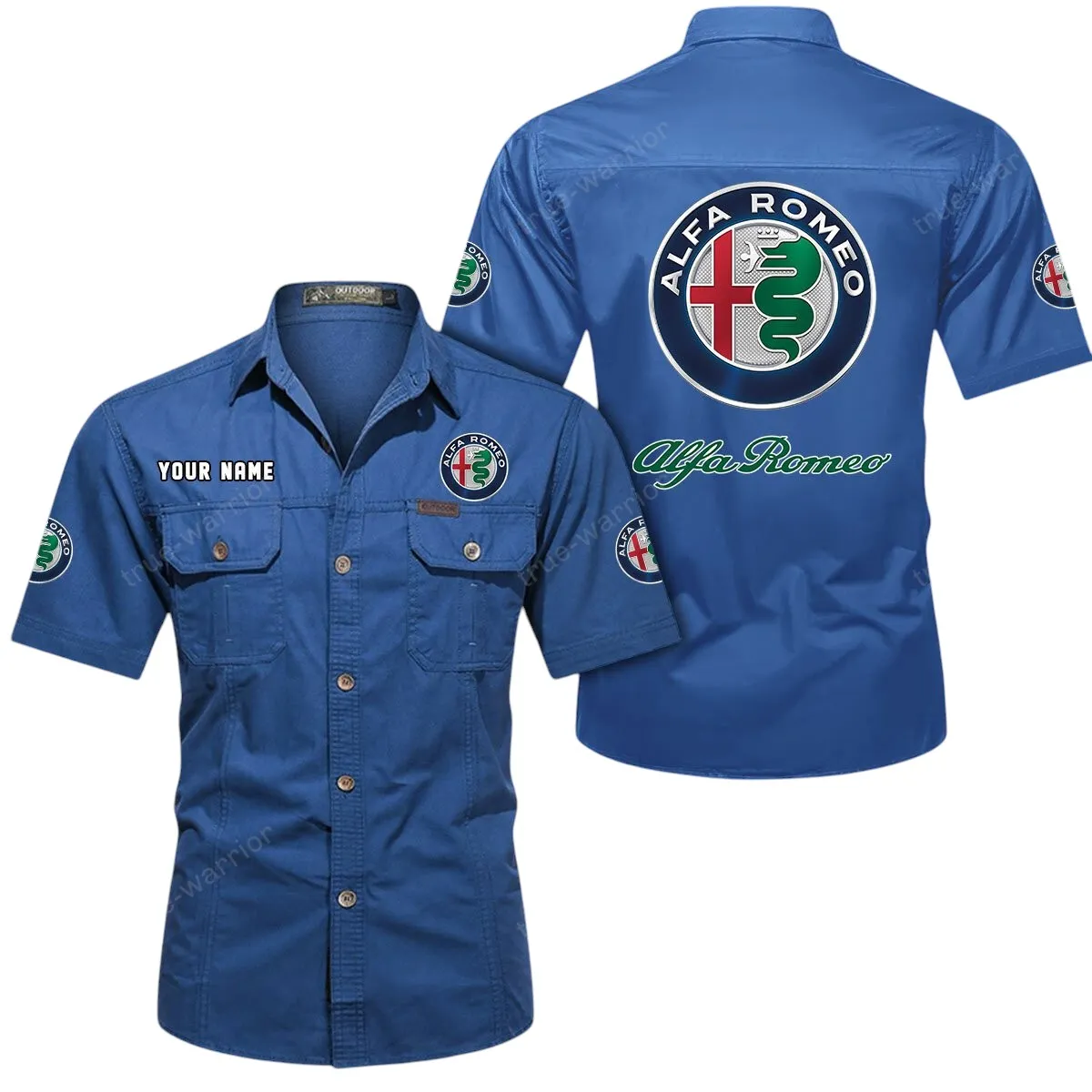 Car Lovers Gift Short Sleeved Shirt, Button Up Shirt Exclusive Logo For Car Owners CAR444052625827 - Cowboy Blue