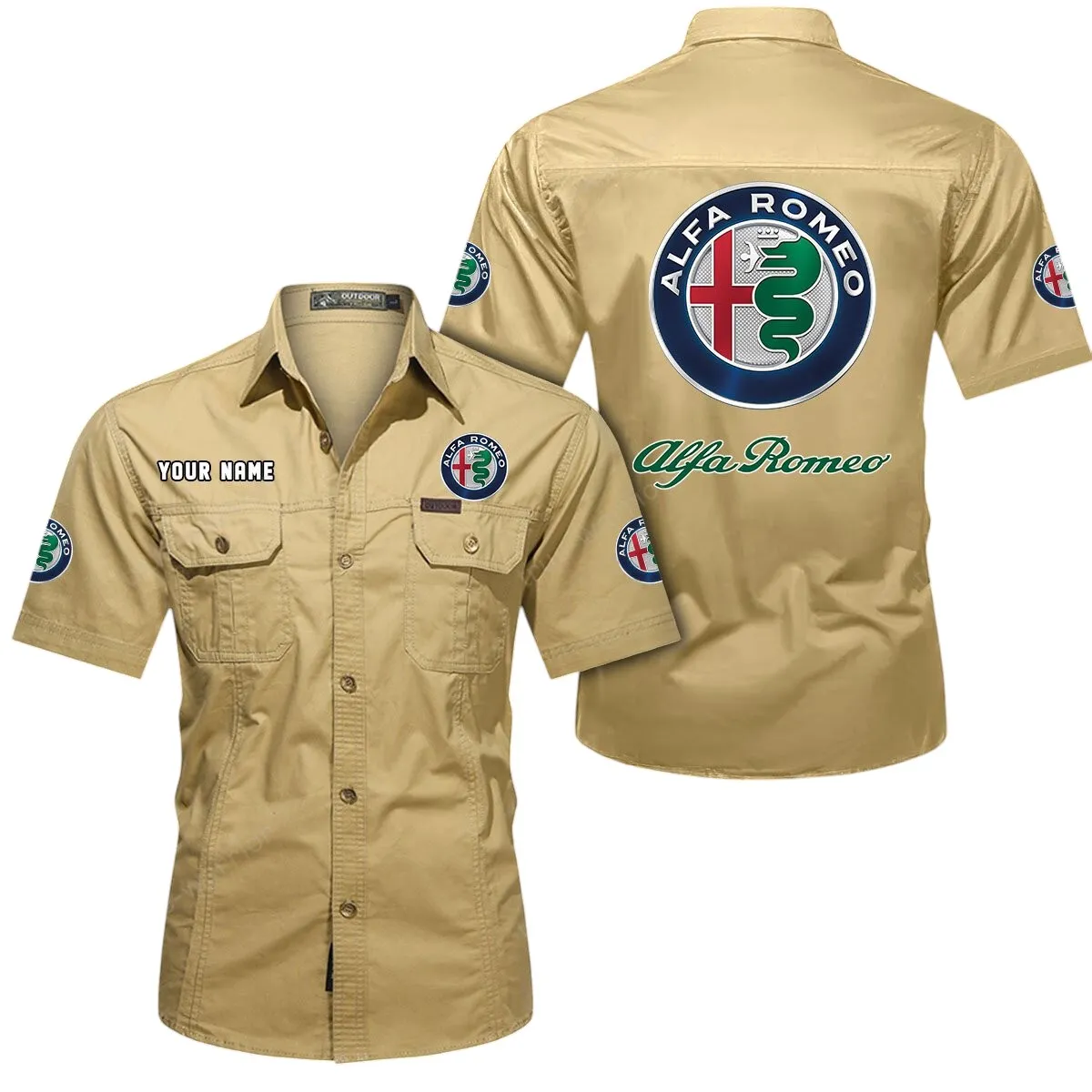 Car Lovers Gift Short Sleeved Shirt, Button Up Shirt Exclusive Logo For Car Owners CAR444052625827 - Khaki