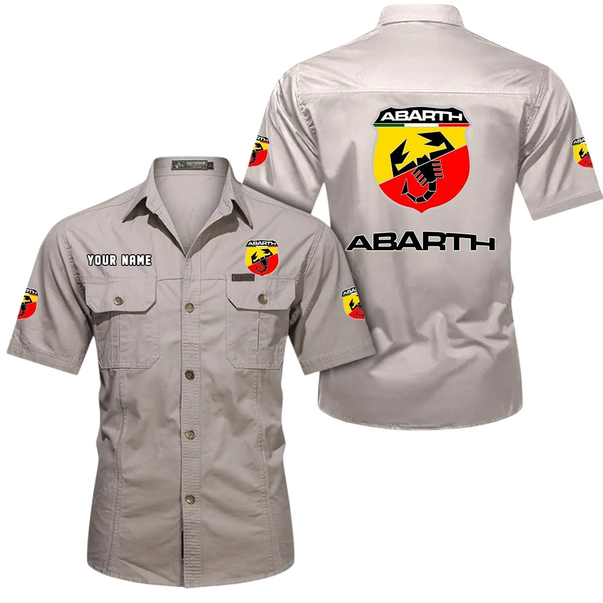 Car Lovers Gift Short Sleeved Shirt, Button Up Shirt Exclusive Logo For Car Owners CAR444052625866 - Beige