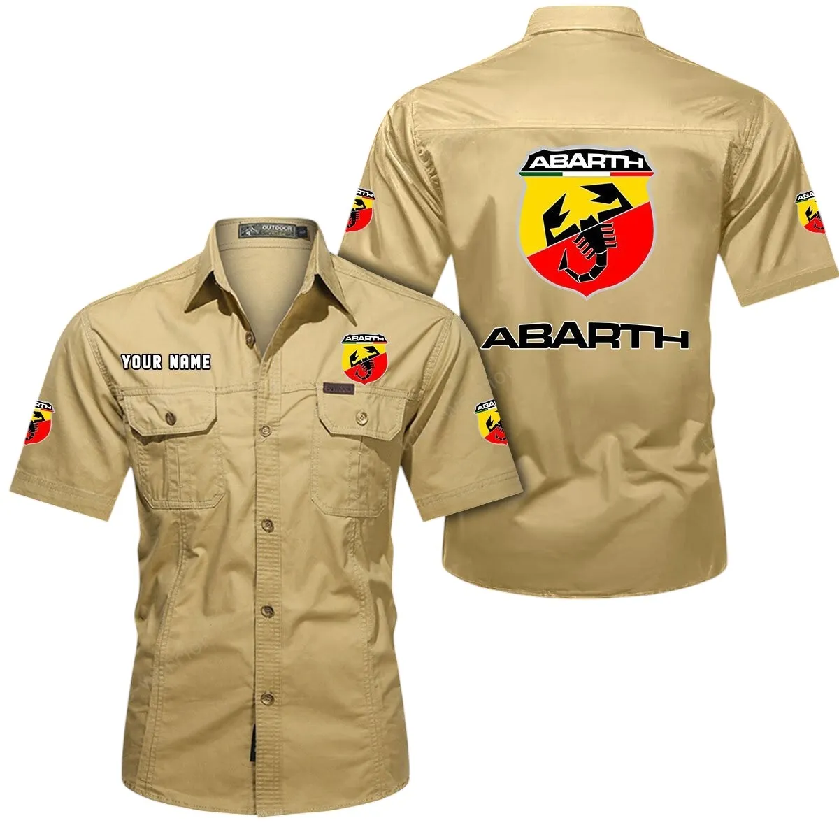 Car Lovers Gift Short Sleeved Shirt, Button Up Shirt Exclusive Logo For Car Owners CAR444052625866 - Khaki