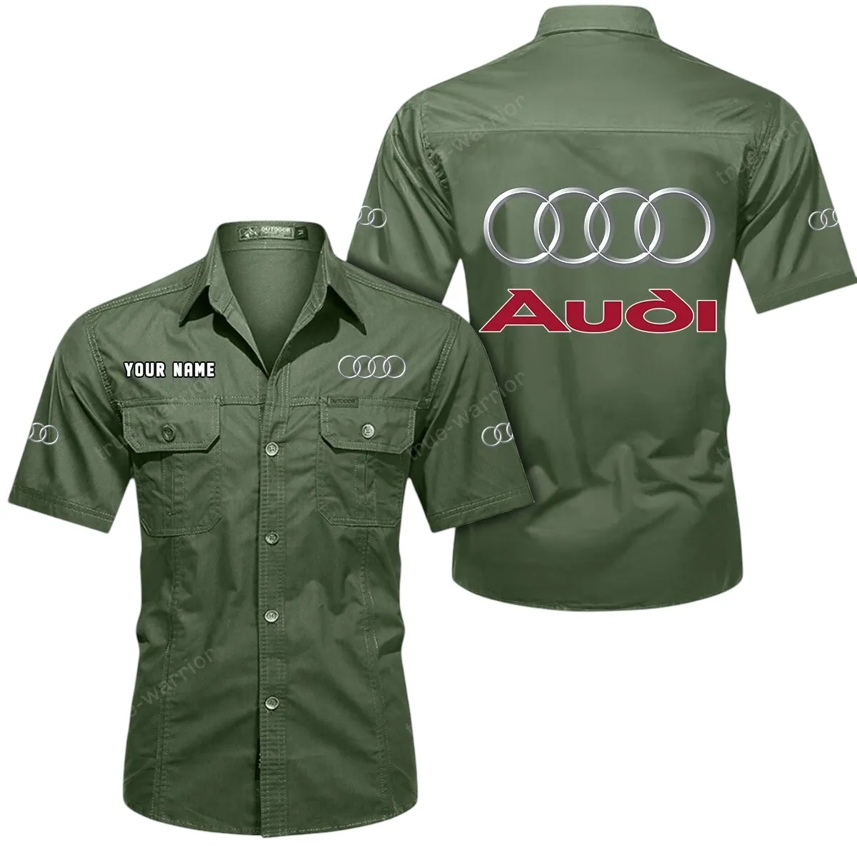 Car Lovers Gift Short Sleeved Shirt, Button Up Shirt Exclusive Logo For Car Owners CAR444052625868 - Army Green