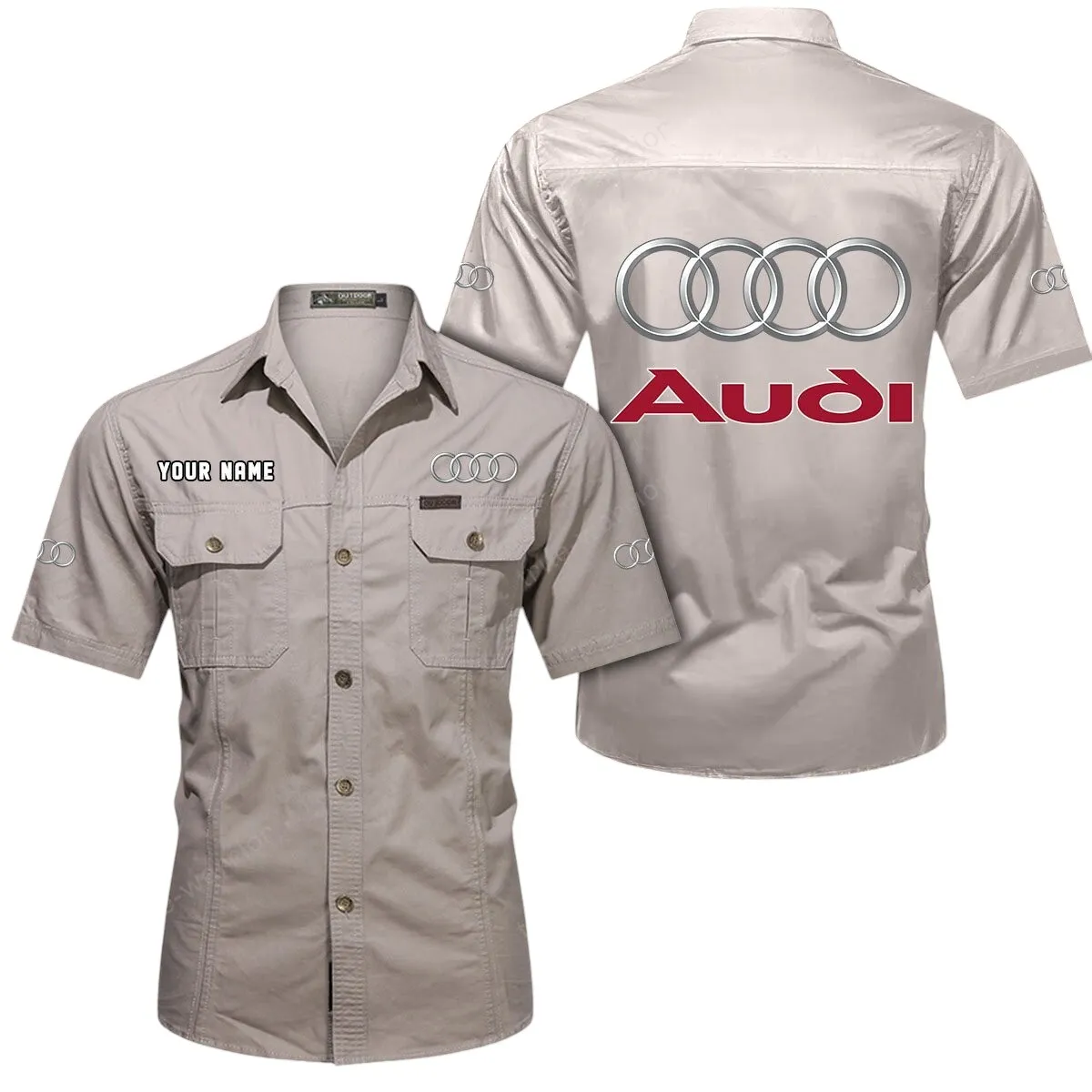 Car Lovers Gift Short Sleeved Shirt, Button Up Shirt Exclusive Logo For Car Owners CAR444052625868 - Beige