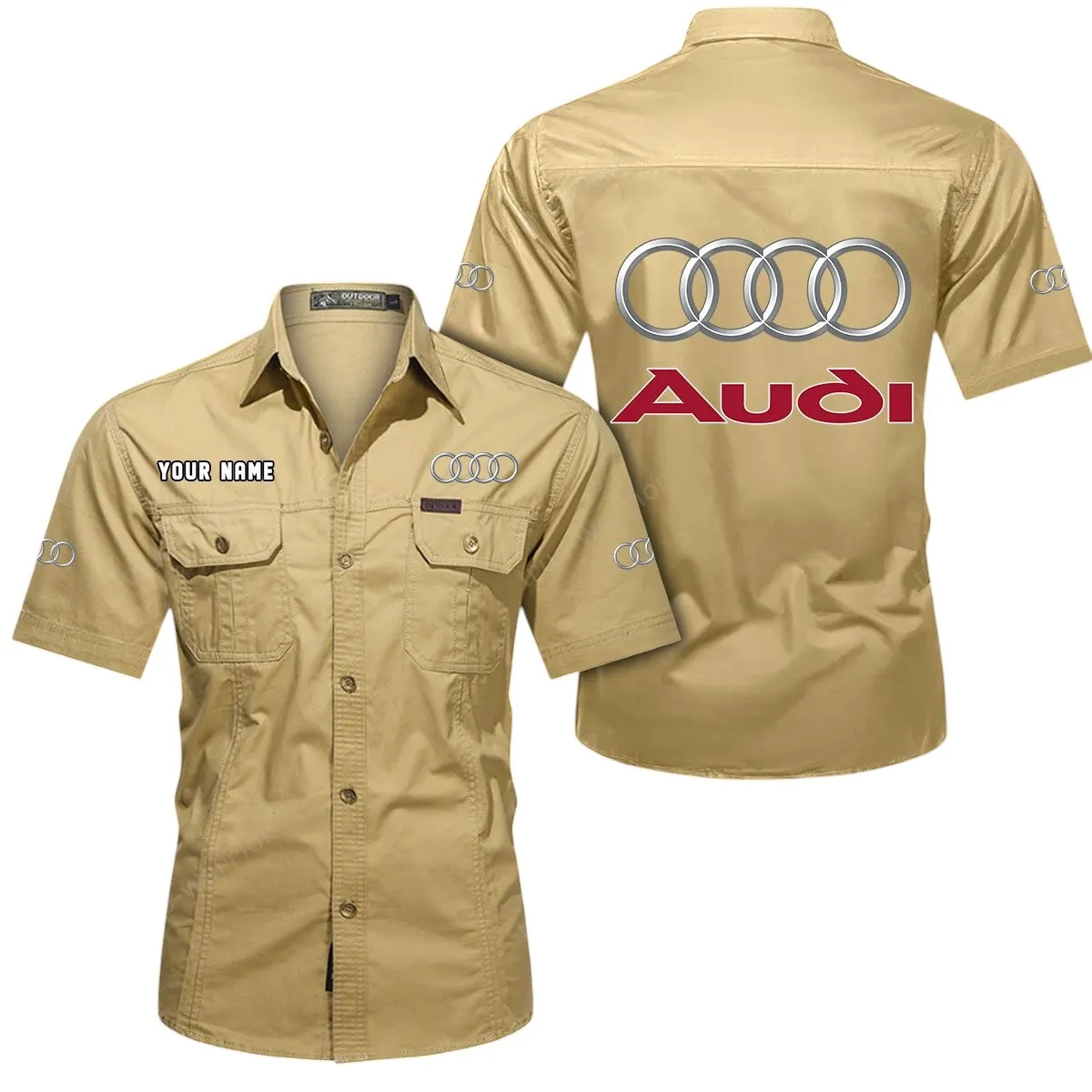 Car Lovers Gift Short Sleeved Shirt, Button Up Shirt Exclusive Logo For Car Owners CAR444052625868 - Khaki
