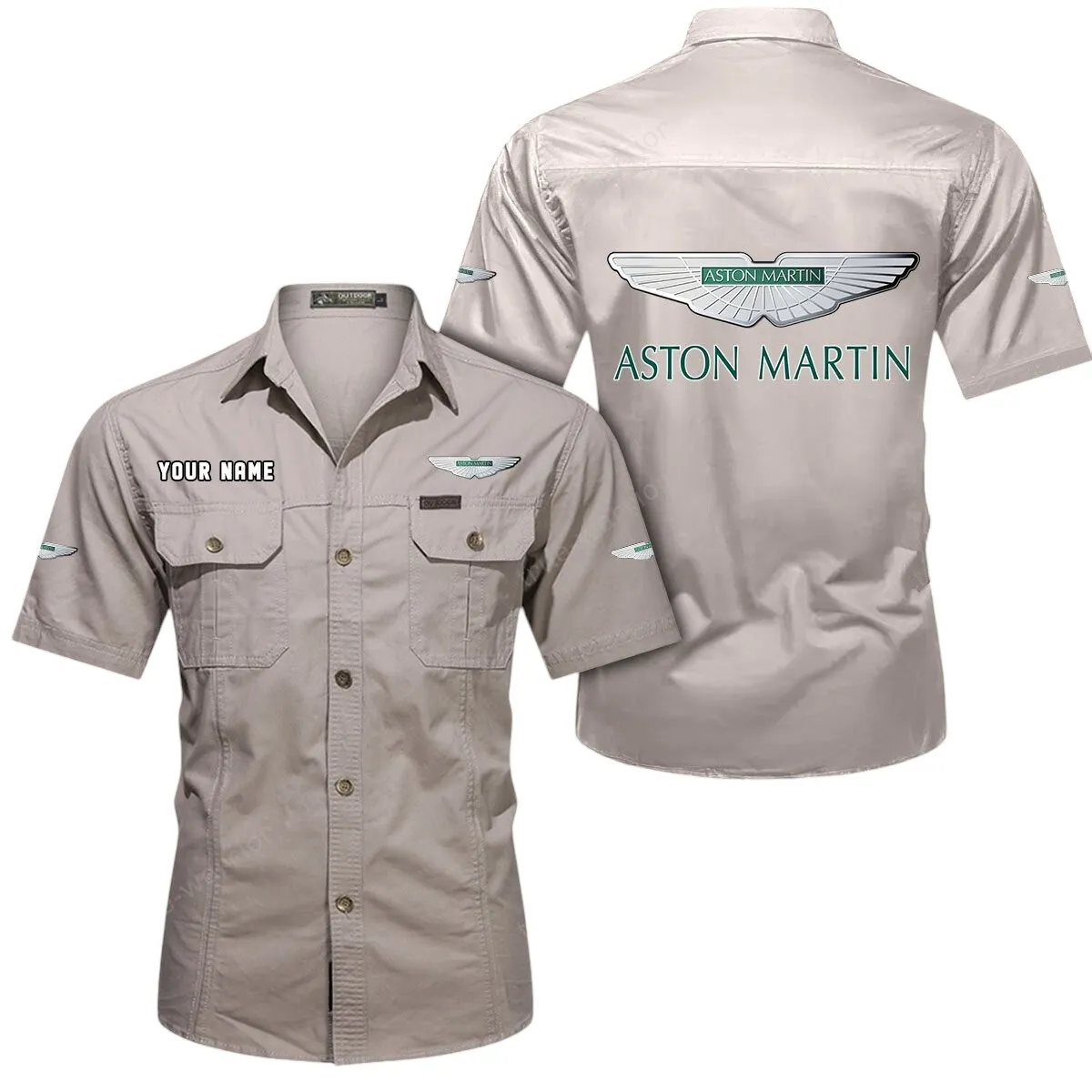 Car Lovers Gift Short Sleeved Shirt, Button Up Shirt Exclusive Logo For Car Owners CAR444052625906 - Beige