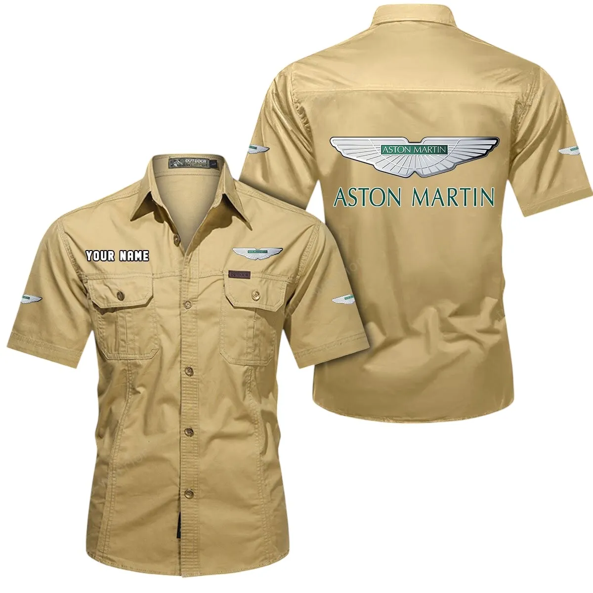 Car Lovers Gift Short Sleeved Shirt, Button Up Shirt Exclusive Logo For Car Owners CAR444052625906 - Khaki