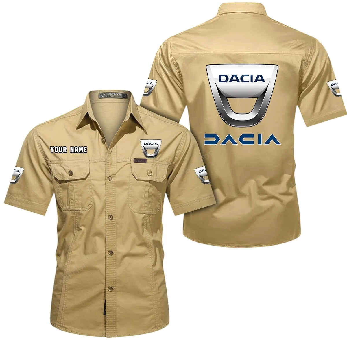Car Lovers Gift Short Sleeved Shirt, Button Up Shirt Exclusive Logo For Car Owners CAR444052625917 - Khaki