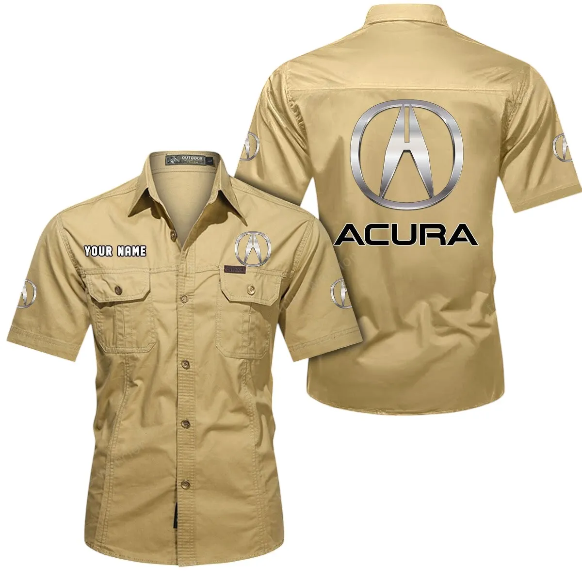 Car Lovers Gift Short Sleeved Shirt, Button Up Shirt Exclusive Logo For Car Owners CAR444052625929 - Khaki