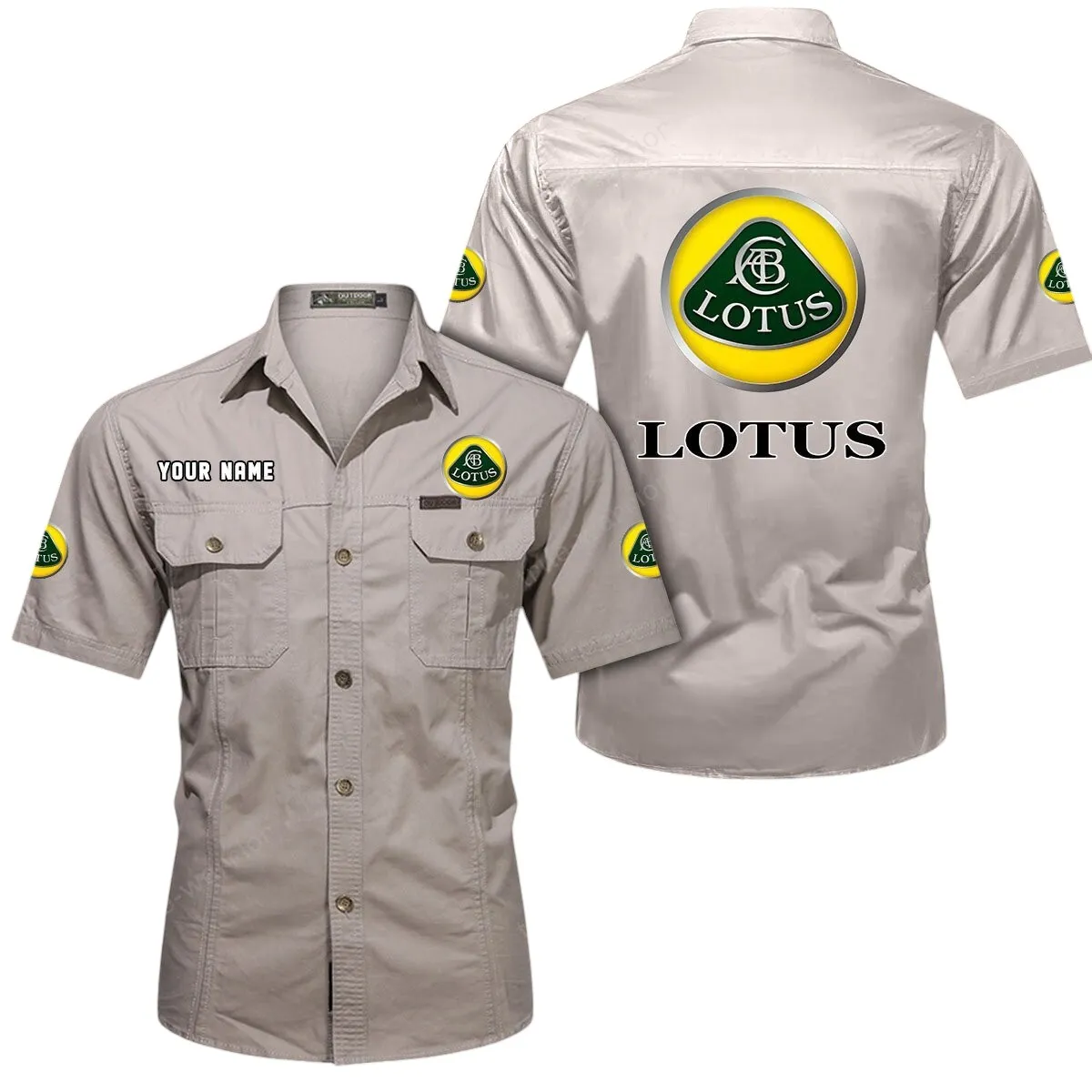 Car Lovers Gift Short Sleeved Shirt, Button Up Shirt Exclusive Logo For Car Owners CAR444052625933 - Beige