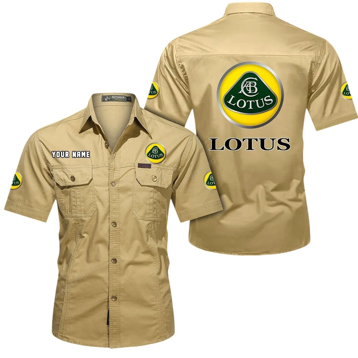 Car Lovers Gift Short Sleeved Shirt, Button Up Shirt Exclusive Logo For Car Owners CAR444052625933 - Khaki