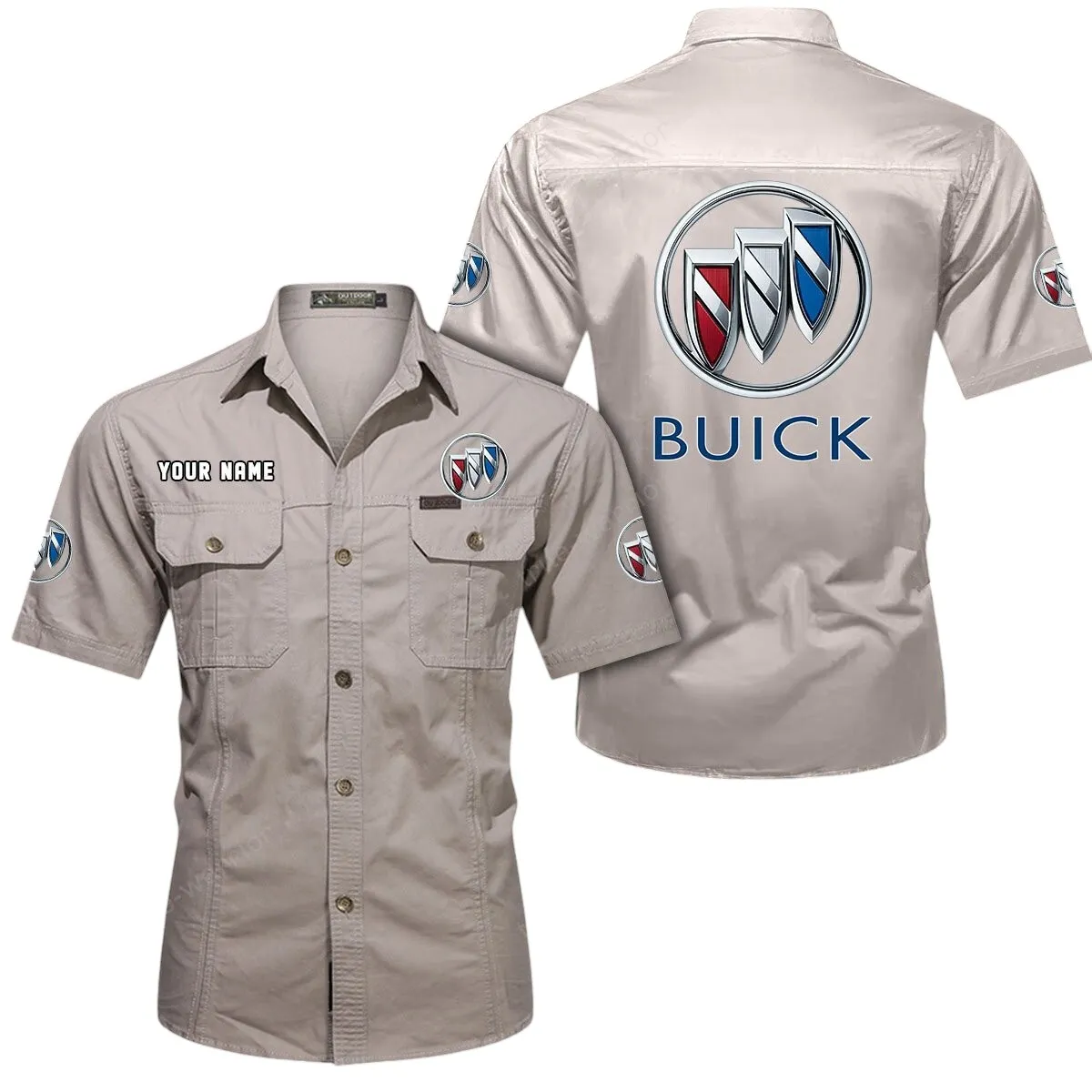 Car Lovers Gift Short Sleeved Shirt, Button Up Shirt Exclusive Logo For Car Owners CAR444052625935 - Beige