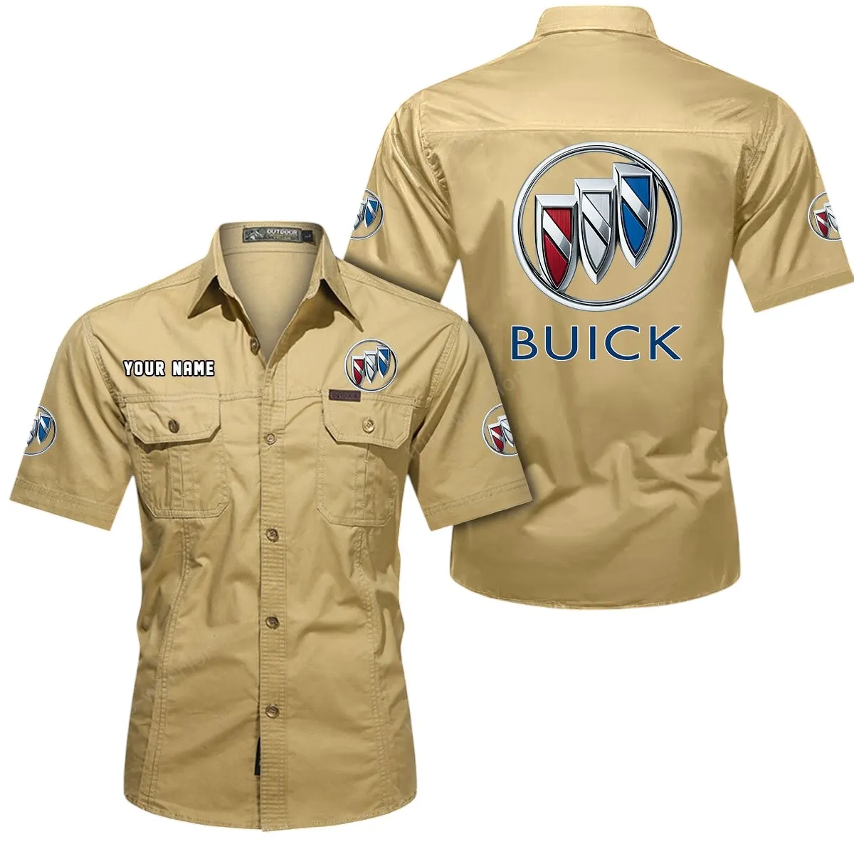 Car Lovers Gift Short Sleeved Shirt, Button Up Shirt Exclusive Logo For Car Owners CAR444052625935 - Khaki
