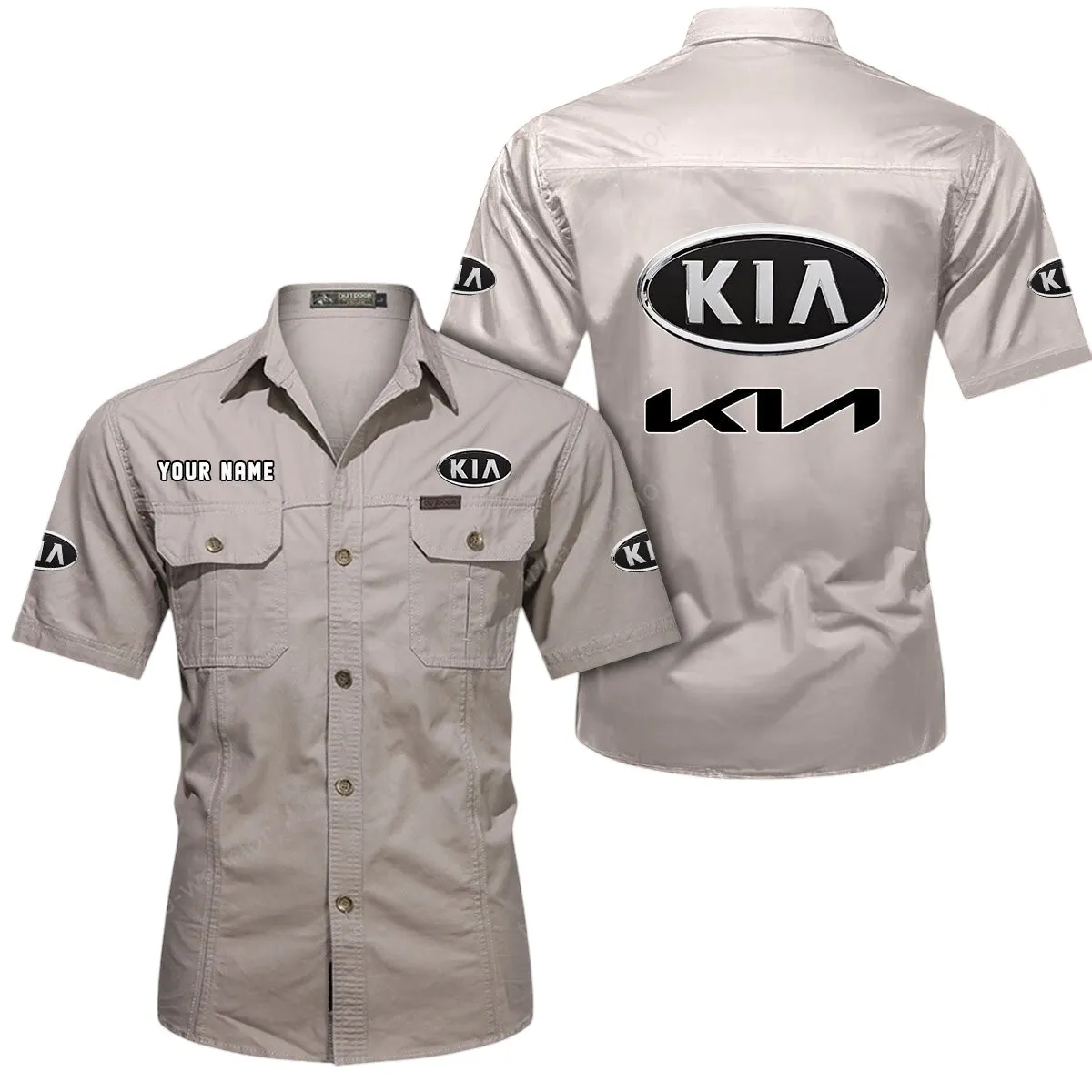 Car Lovers Gift Short Sleeved Shirt, Button Up Shirt Exclusive Logo For Car Owners CAR444052625948 - Beige