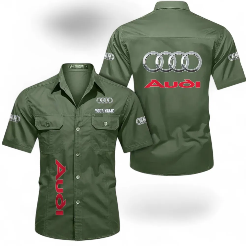 Car Short Sleeved Shirt, Button up Shirt Exclusive Logo For Car Owners, Custom Name CAR392072125783-Army Green