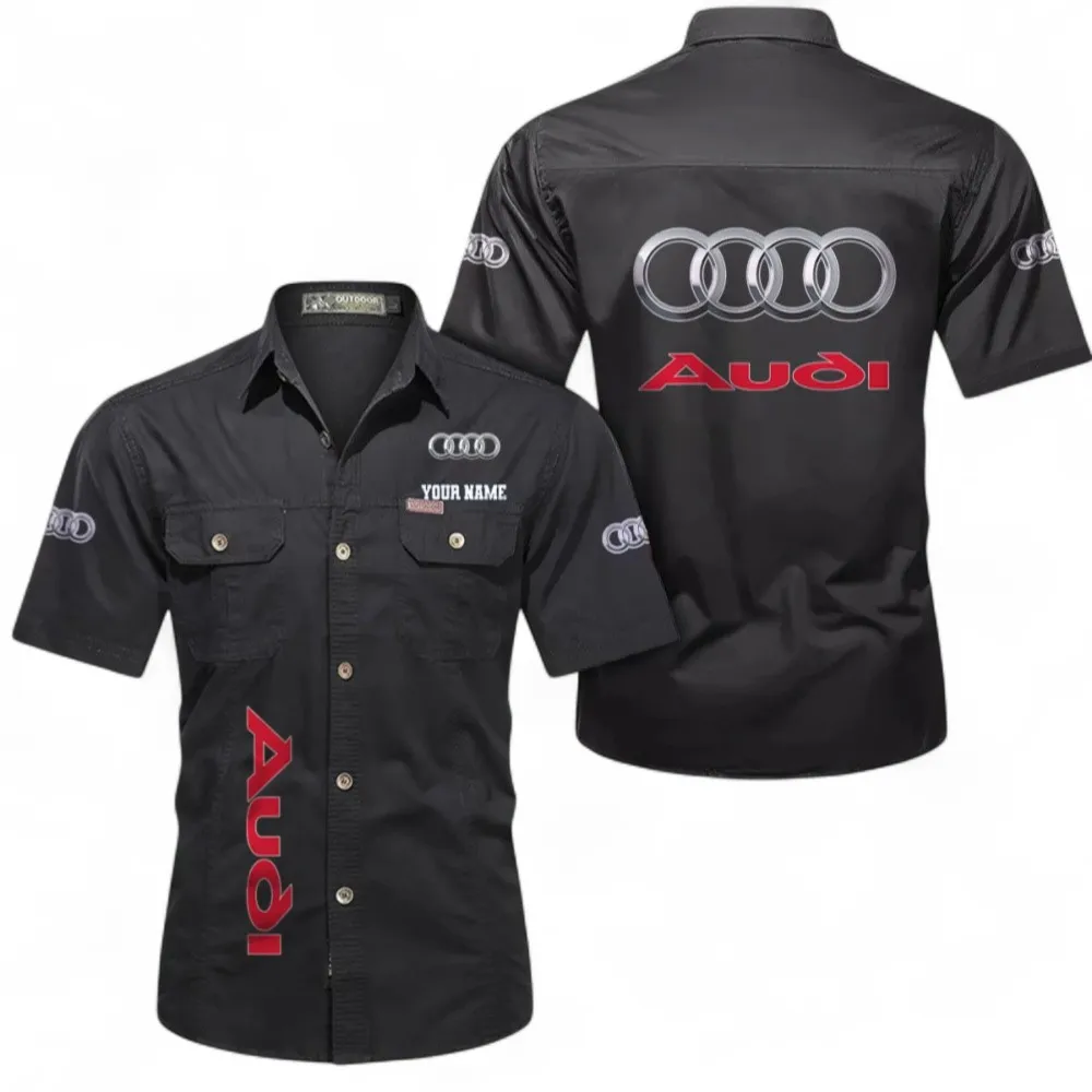 Car Short Sleeved Shirt, Button up Shirt Exclusive Logo For Car Owners, Custom Name CAR392072125783-Black