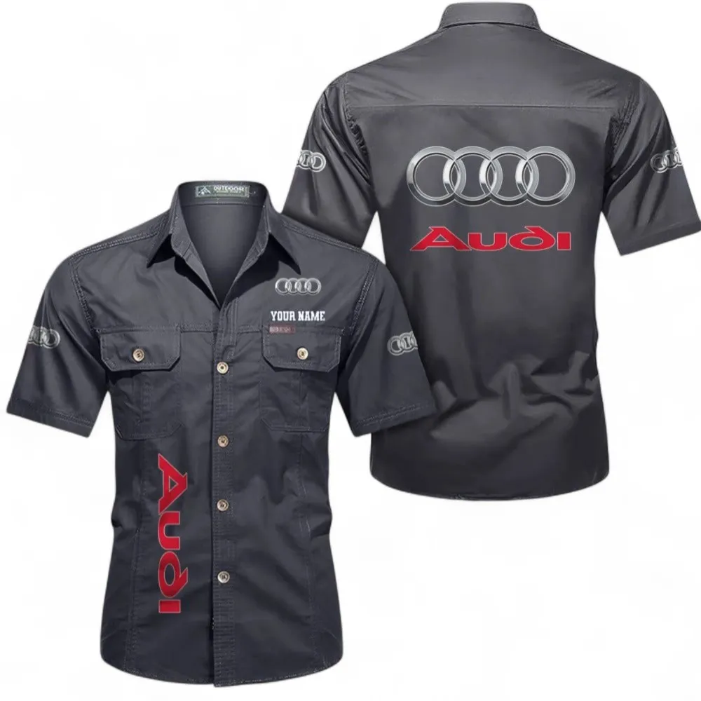 Car Short Sleeved Shirt, Button up Shirt Exclusive Logo For Car Owners, Custom Name CAR392072125783-Gray