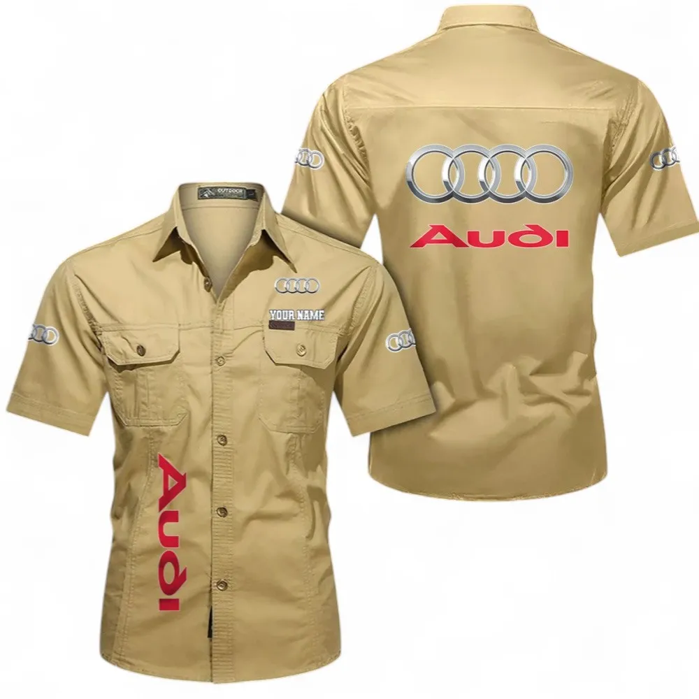 Car Short Sleeved Shirt, Button up Shirt Exclusive Logo For Car Owners, Custom Name CAR392072125783-Khaki