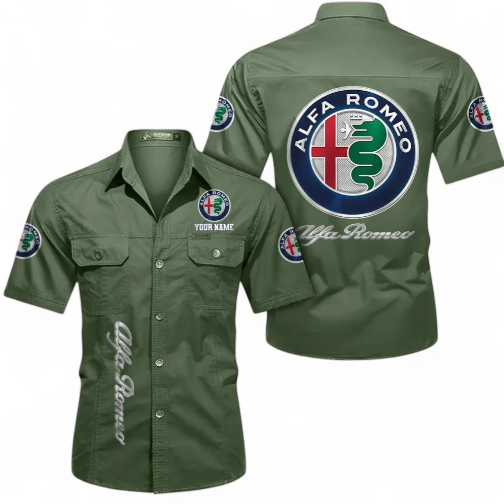Car Short Sleeved Shirt, Button up Shirt Exclusive Logo For Car Owners, Custom Name CAR392072125790-Army Green