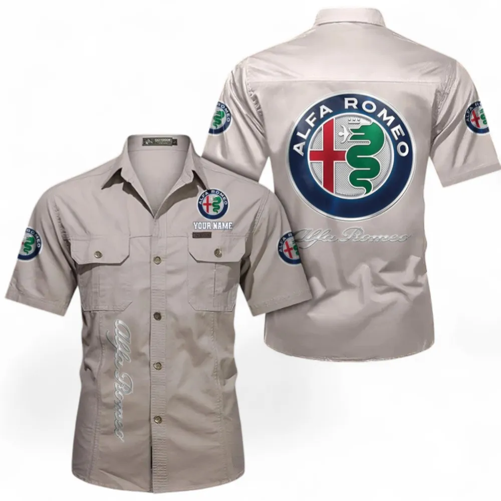 Car Short Sleeved Shirt, Button up Shirt Exclusive Logo For Car Owners, Custom Name CAR392072125790-Beige
