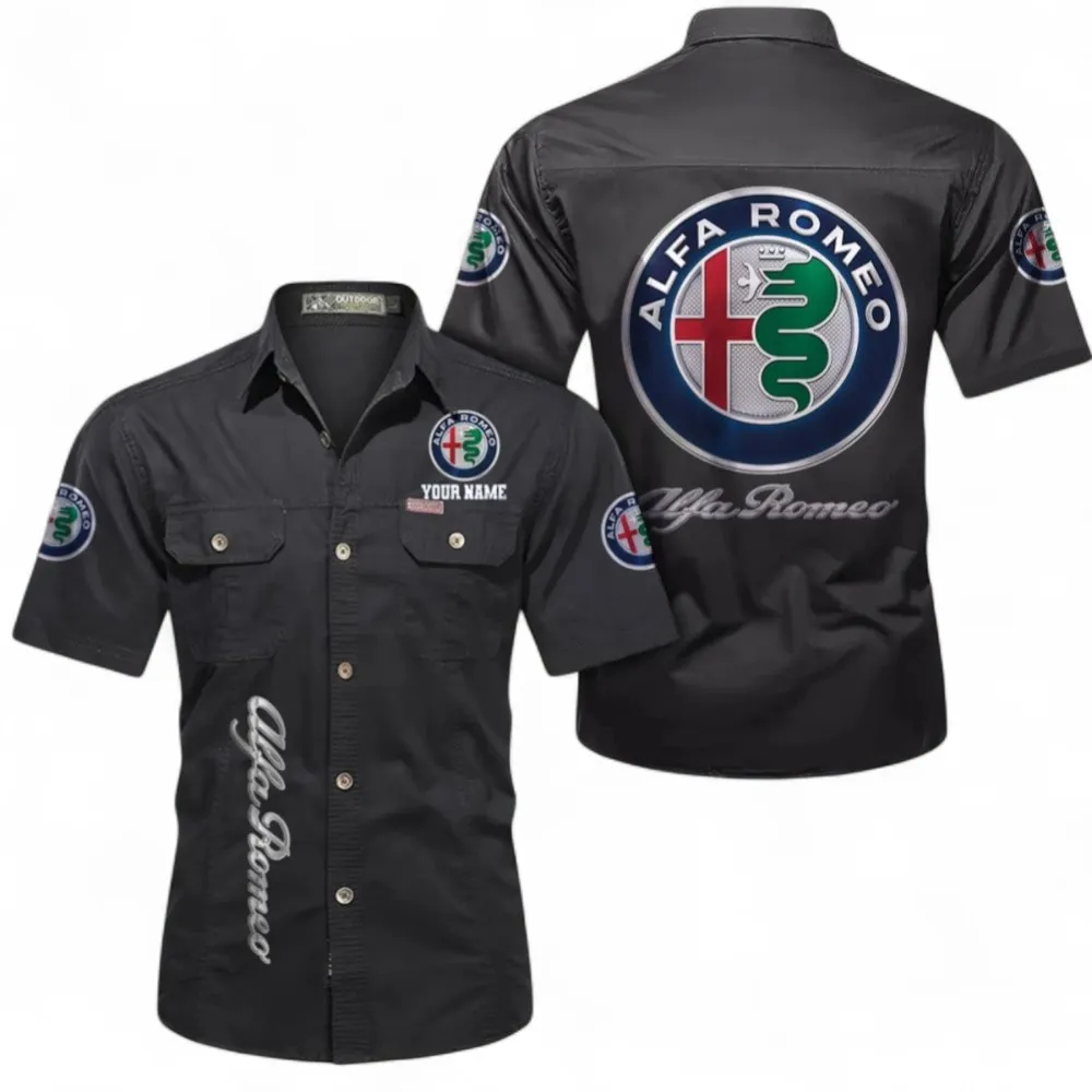 Car Short Sleeved Shirt, Button up Shirt Exclusive Logo For Car Owners, Custom Name CAR392072125790-Black