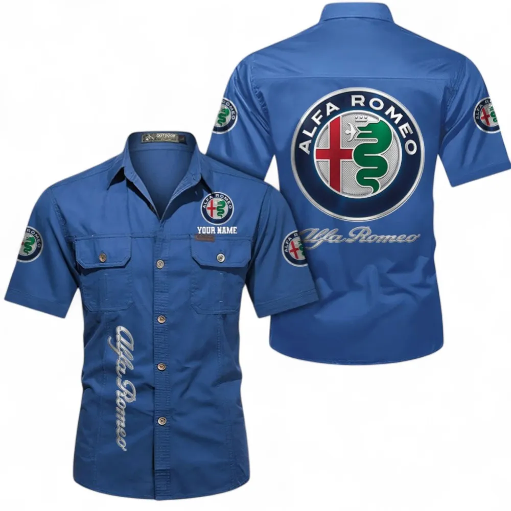 Car Short Sleeved Shirt, Button up Shirt Exclusive Logo For Car Owners, Custom Name CAR392072125790-Cowboy Blue
