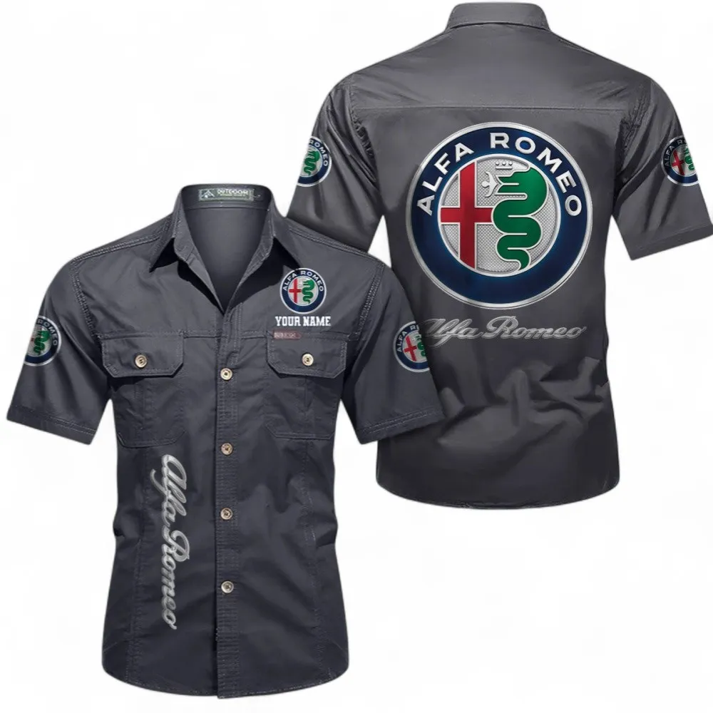 Car Short Sleeved Shirt, Button up Shirt Exclusive Logo For Car Owners, Custom Name CAR392072125790-Gray
