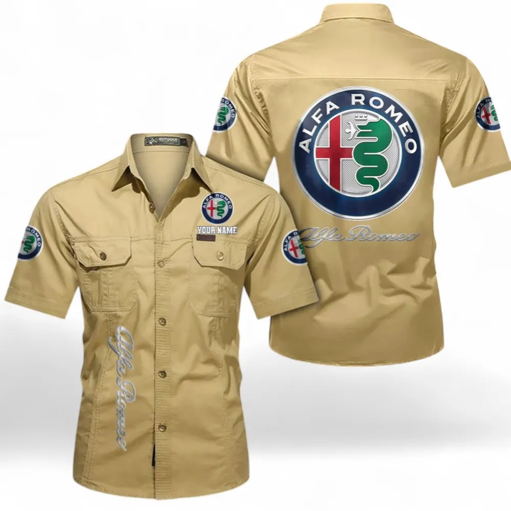 Car Short Sleeved Shirt, Button up Shirt Exclusive Logo For Car Owners, Custom Name CAR392072125790-Khaki