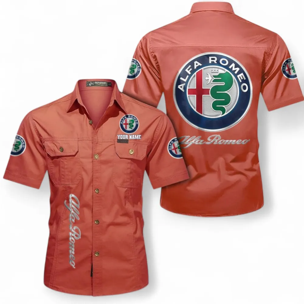 Car Short Sleeved Shirt, Button up Shirt Exclusive Logo For Car Owners, Custom Name CAR392072125790-Red