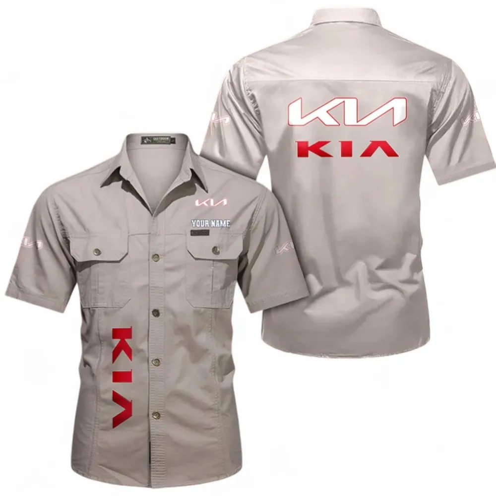 Car Short Sleeved Shirt, Button up Shirt Exclusive Logo For Car Owners, Custom Name CAR392072125792-Beige