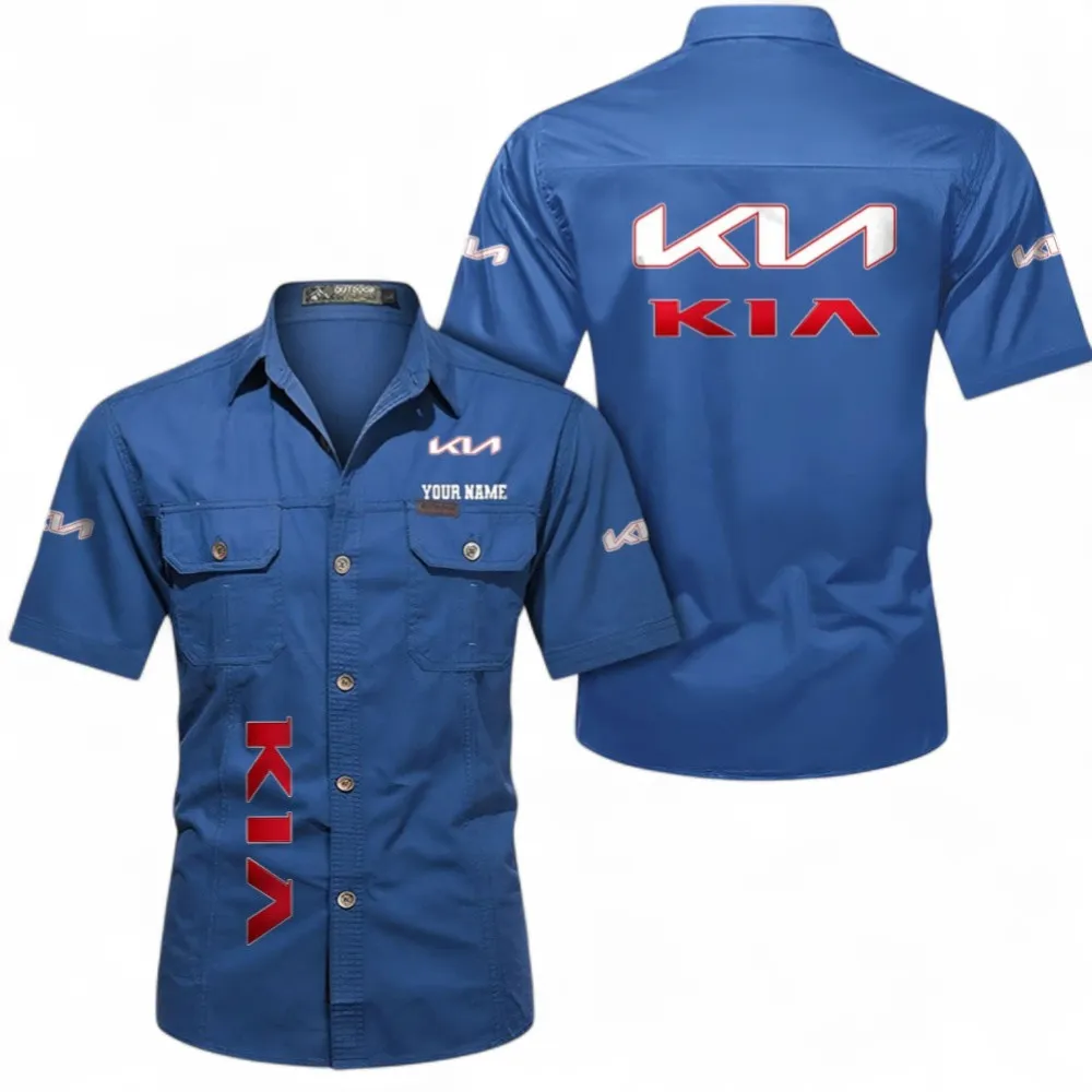 Car Short Sleeved Shirt, Button up Shirt Exclusive Logo For Car Owners, Custom Name CAR392072125792-Cowboy Blue
