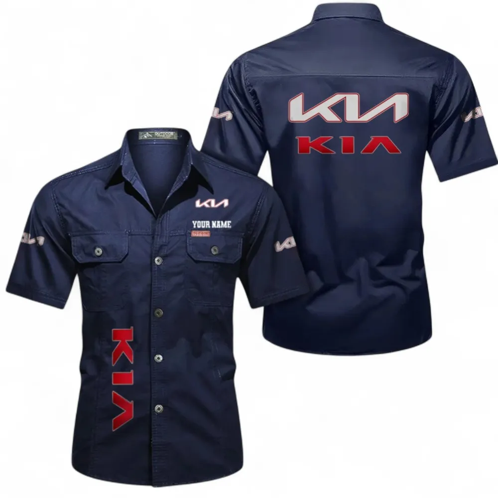 Car Short Sleeved Shirt, Button up Shirt Exclusive Logo For Car Owners, Custom Name CAR392072125792-Dark Blue