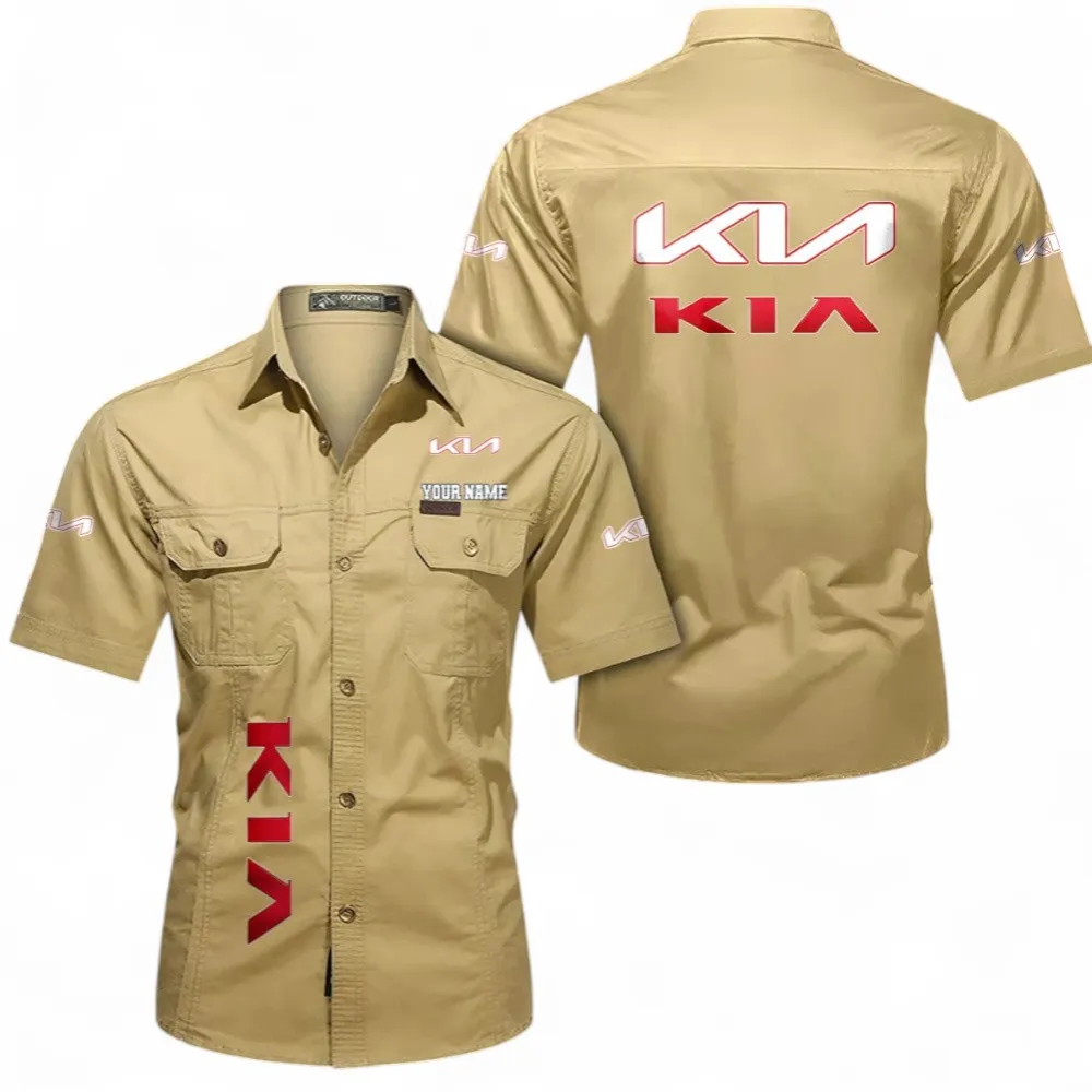 Car Short Sleeved Shirt, Button up Shirt Exclusive Logo For Car Owners, Custom Name CAR392072125792-Khaki