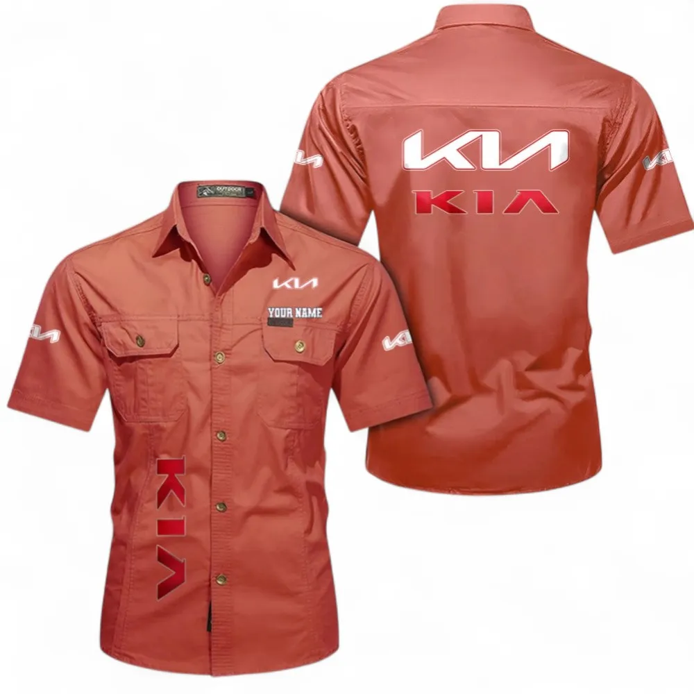 Car Short Sleeved Shirt, Button up Shirt Exclusive Logo For Car Owners, Custom Name CAR392072125792-Red