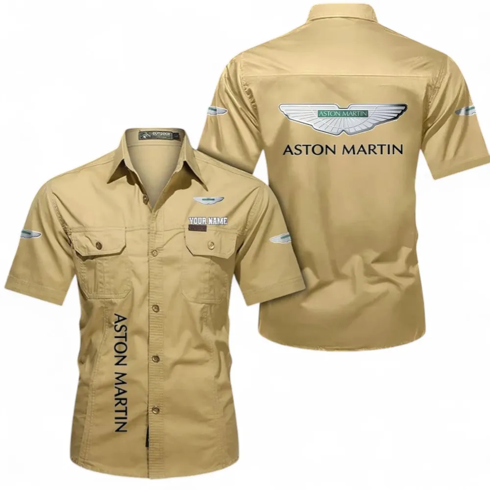 Car Short Sleeved Shirt, Button up Shirt Exclusive Logo For Car Owners, Custom Name CAR392072125829-Khaki