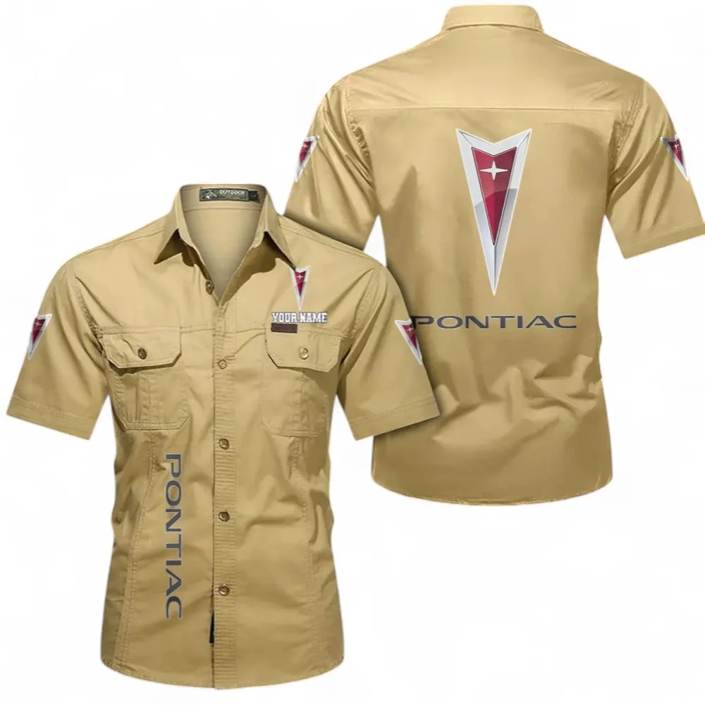 Car Short Sleeved Shirt, Button up Shirt Exclusive Logo For Car Owners, Custom Name CAR392072125843-Khaki
