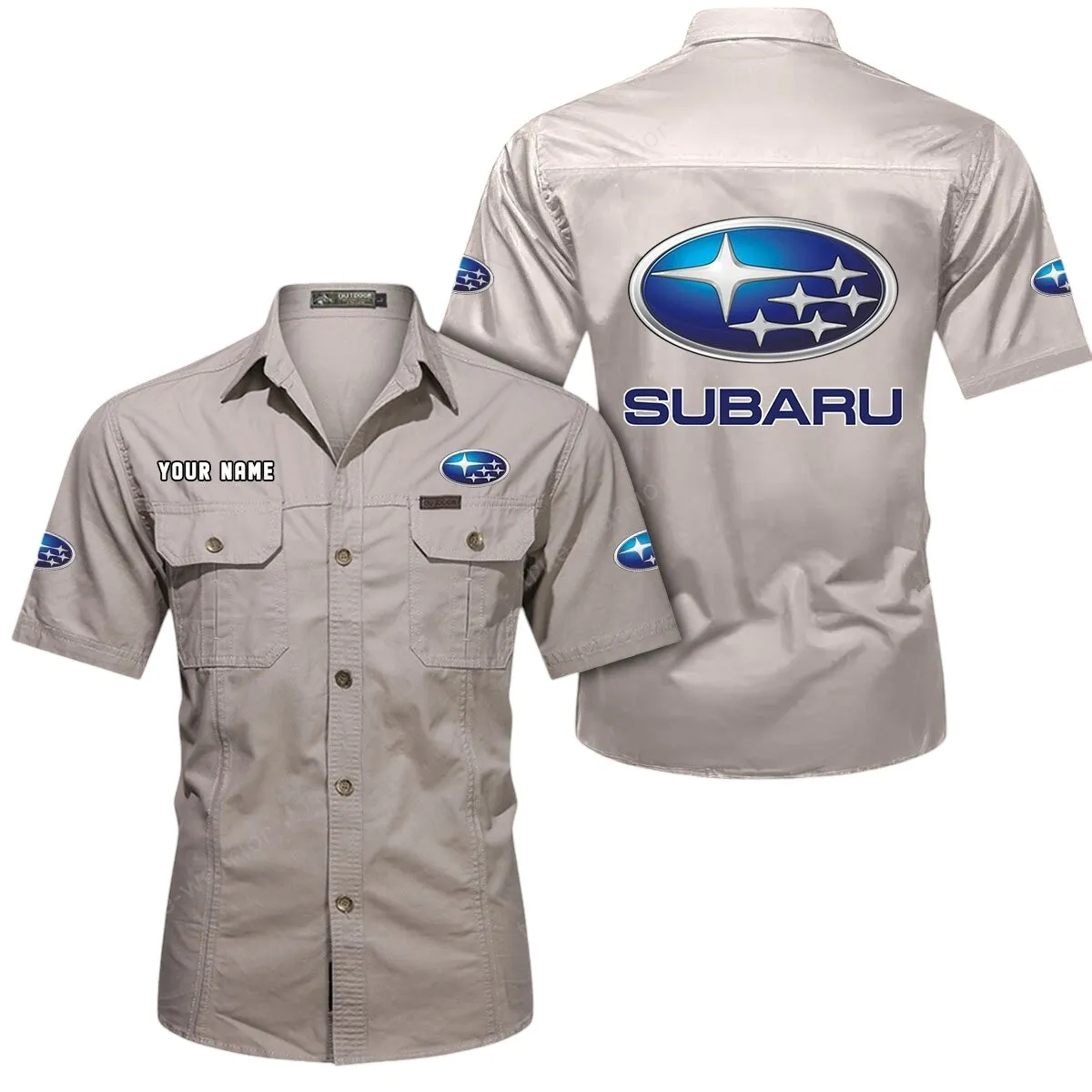 Classic Auto Lovers Gift Short Sleeved Shirt, Button Up Shirt Exclusive Logo For Car Owners CAR444052625828 - Beige